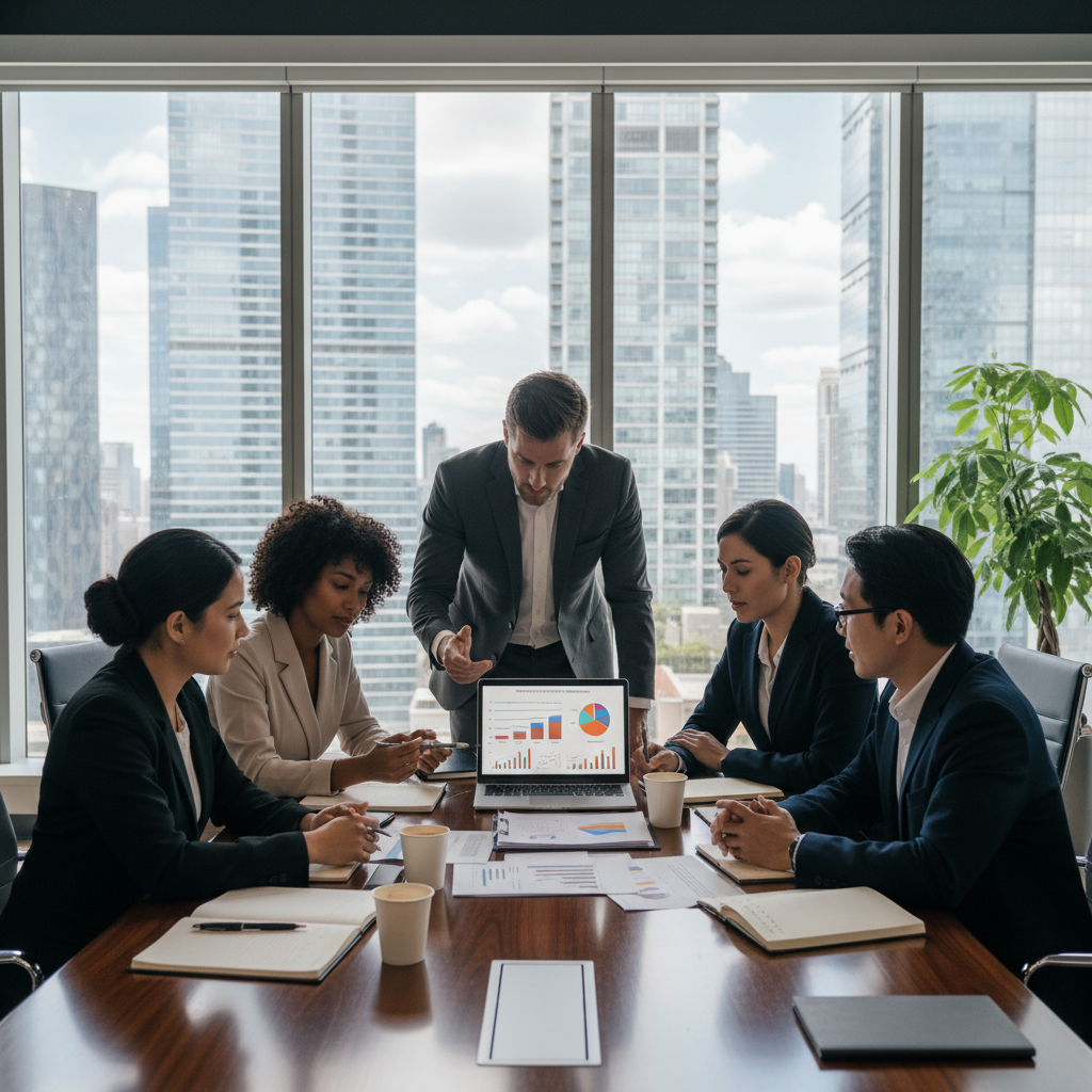 A diverse group of business professionals, including an expat, discussing financial documents and a business plan around a modern office table, with a laptop displaying financial charts and graphs, in a photorealistic style.