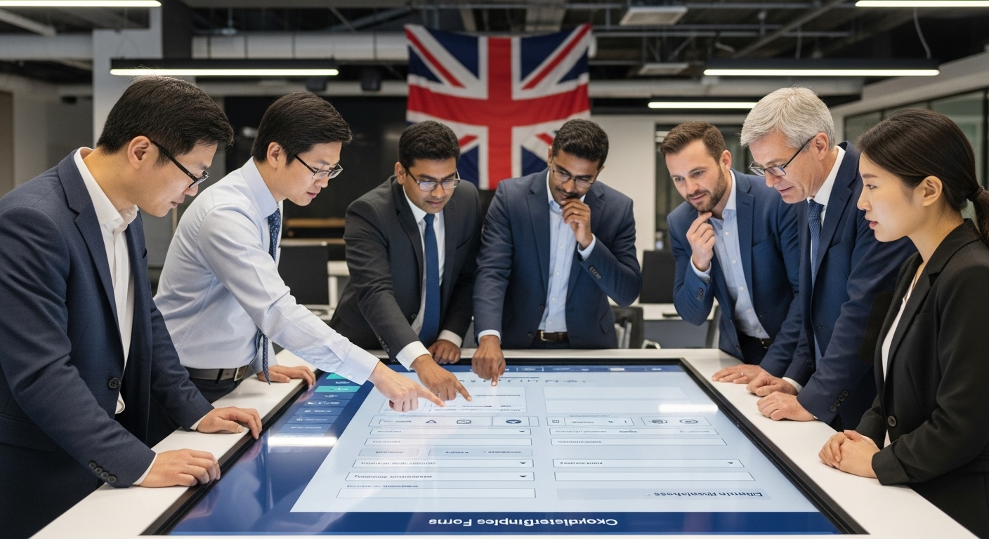 A diverse group of business professionals from around the world looking at a digital interface showing UK company registration forms, with a British flag subtly in the background, signifying global business in the UK. The scene should convey efficiency and modern technology.
