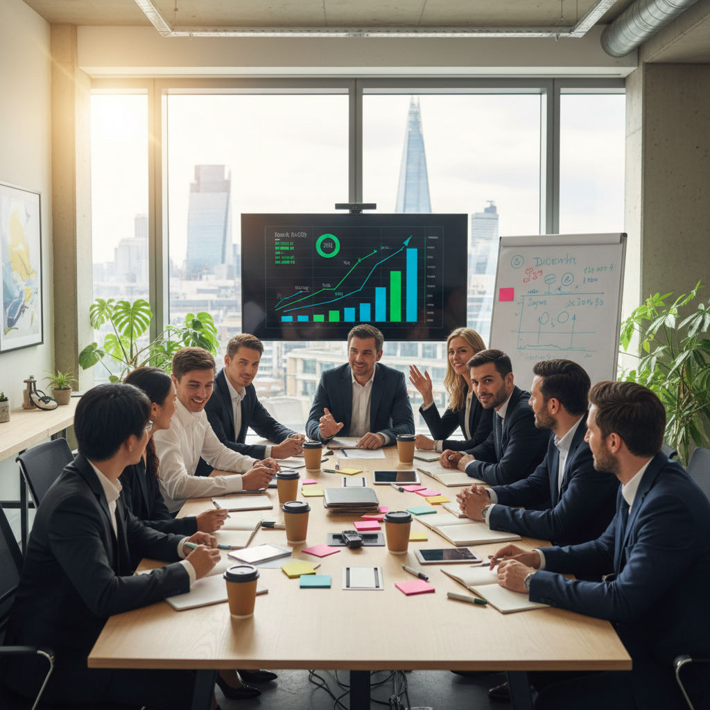A diverse group of professional individuals, including expats, collaboratively brainstorming and strategizing around a table in a modern, brightly lit office space in London, with a digital display showing financial graphs in the background. The atmosphere is optimistic and focused, showcasing multicultural collaboration.