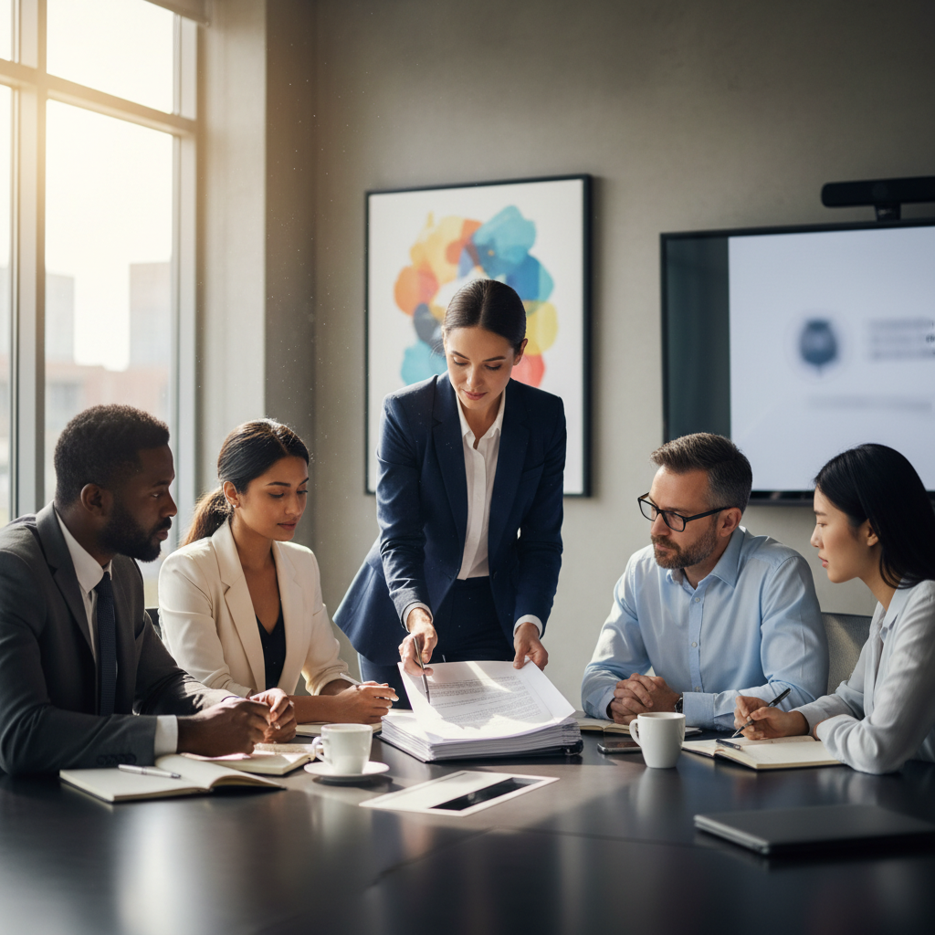 A diverse group of business professionals in a modern office setting, attentively listening to a legal advisor who is pointing to a document on a table. The atmosphere is professional and collaborative, with natural light streaming in.