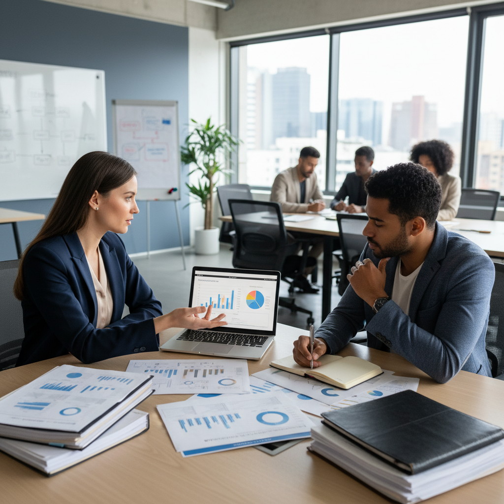 A professional business consultant, dressed smartly, is sitting at a desk with a laptop and documents, explaining complex business plan strategies to a diverse entrepreneur. The office setting is modern and bright, reflecting collaboration and professional guidance. The image should be photorealistic.