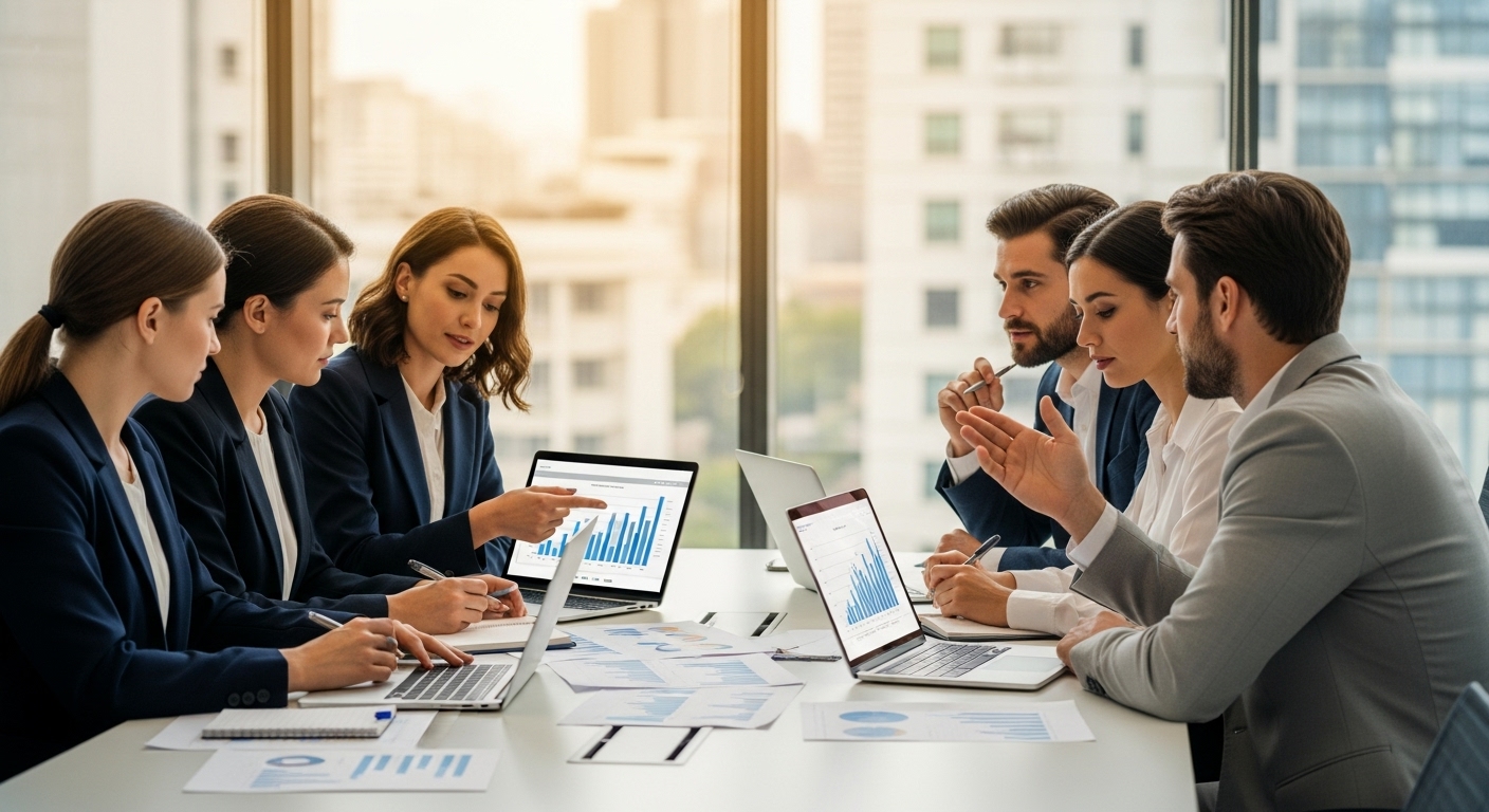 A professional, photorealistic image of a diverse group of business professionals in a modern office, gathered around a table with laptops and financial charts, engaged in a discussion about strategic financial planning. The setting is bright and collaborative, emphasizing smart business decisions.