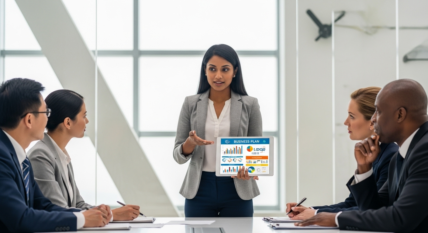 A professional expat entrepreneur, a woman of South Asian descent, presenting a vibrant, detailed business plan on a tablet to a diverse panel of experts in a modern, brightly lit office setting, showcasing innovation and collaboration. Photorealistic style.