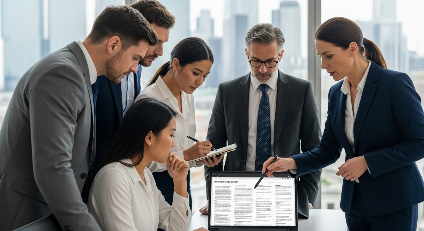 A diverse group of business professionals in a modern office setting, looking at a digital tablet with legal documents, consulting with a professional-looking solicitor who is explaining complex immigration regulations. The atmosphere is professional and collaborative, with city skyline visible through a large window. Photorealistic, high-resolution.