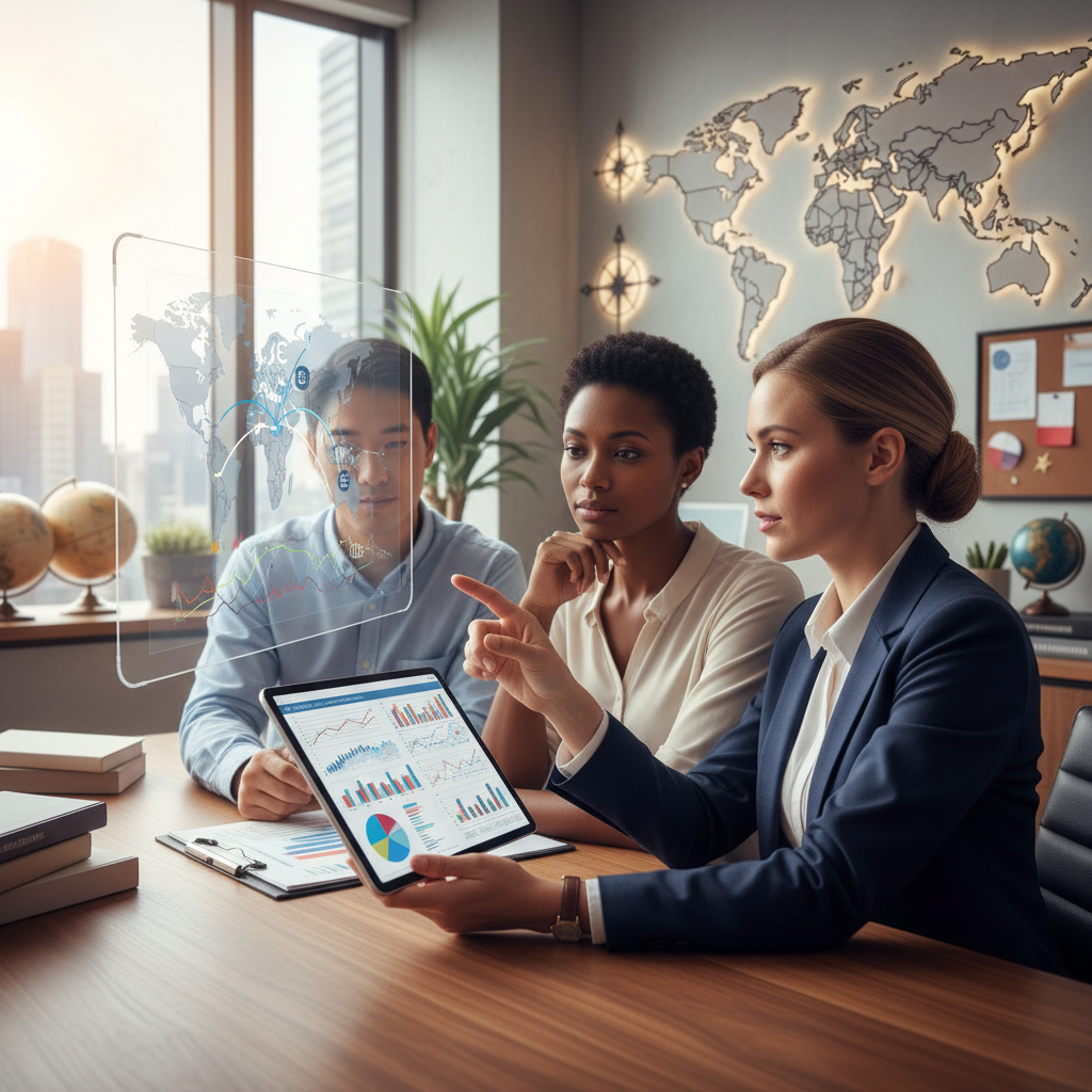 A professional financial advisor in a modern, well-lit office, explaining complex financial charts and documents on a tablet to a diverse couple, one of whom is pointing at a projection, signifying cross-border financial planning. The setting should evoke trust and expertise, with maps and global symbols subtly in the background.