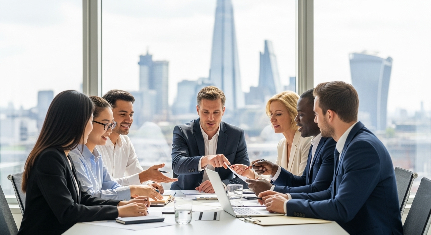 A diverse group of expat entrepreneurs from various backgrounds, professionally dressed, engaged in a discussion with a business consultant in a modern, light-filled UK office setting. They are looking at documents on a table, with a London skyline visible faintly through a large window. The atmosphere is collaborative and professional, reflecting successful business setup.