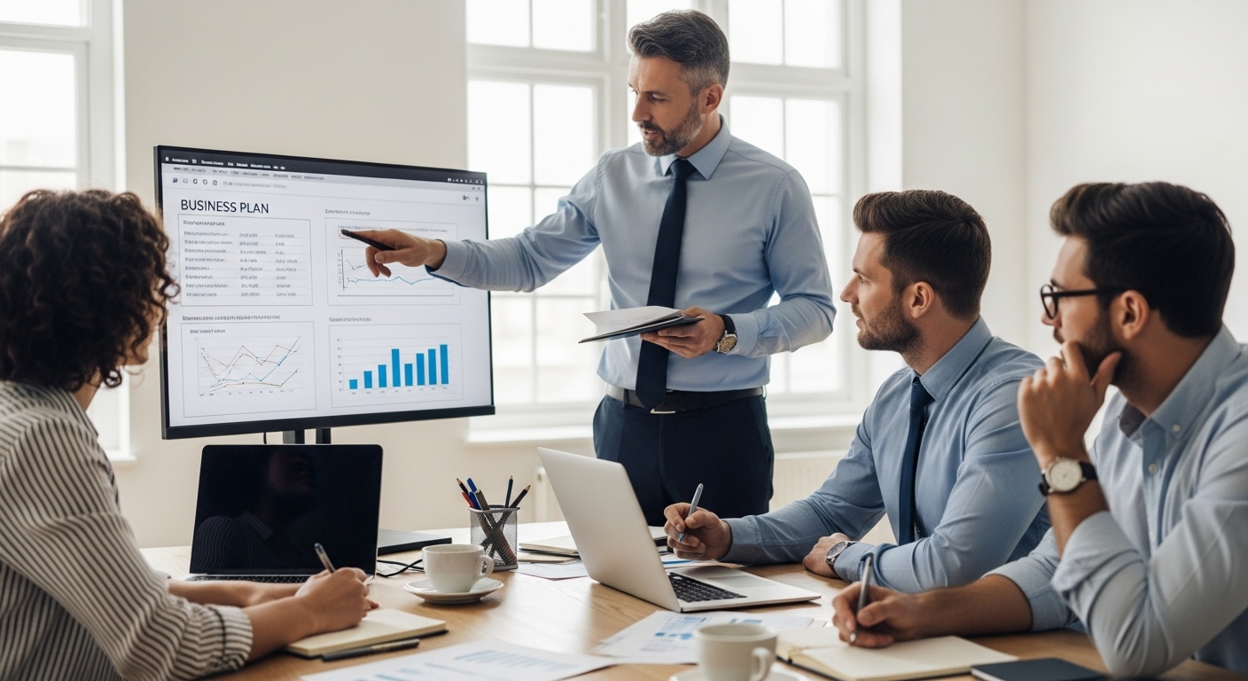 A diverse group of entrepreneurs in a modern, brightly lit office collaborating with a professional UK startup visa endorsement consultant. The consultant, a confident man in his 40s wearing business attire, points to a detailed business plan displayed on a large monitor, while the entrepreneurs, a woman and a man in their 30s, nod in understanding, taking notes. There are documents, laptops, and coffee cups on the table. The scene is realistic and professionally lit, conveying a sense of teamwork and strategic planning.