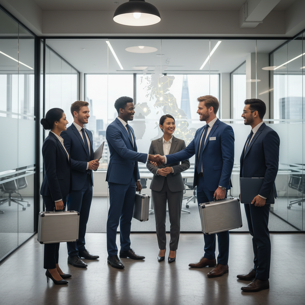 A diverse group of professional expats in business attire are happily shaking hands with a friendly British relocation consultant inside a modern, bright office in London, illustrating successful corporate relocation and settlement. The background shows a subtle map of the UK.
