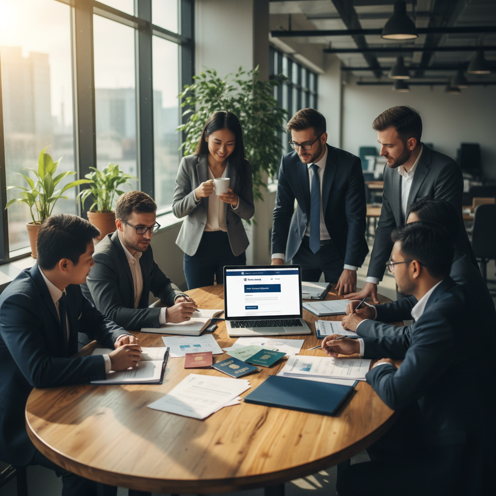 A diverse group of business professionals from different nationalities are gathered around a table in a modern office setting, discussing documents related to opening a UK business bank account. A laptop displays a banking website, and there are various identification documents and business registration papers on the table. The atmosphere is collaborative and professional, with natural light filtering in.